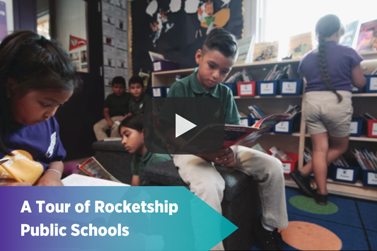 Student reading a book with text on screen "A Tour of Rocketship Public Schools"